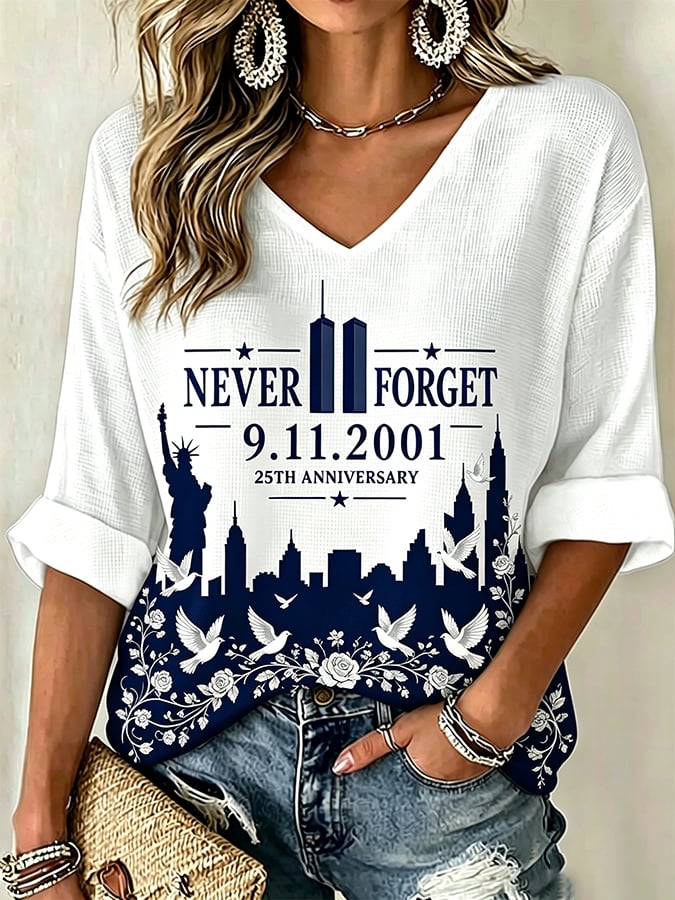 Women's "Never Forget 9/11" Pattern Comfortable V-Neck Retro T-Shirt