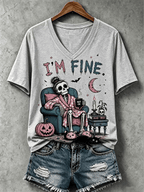 Women's Halloween I'm Fine Print V Neck T-Shirt
