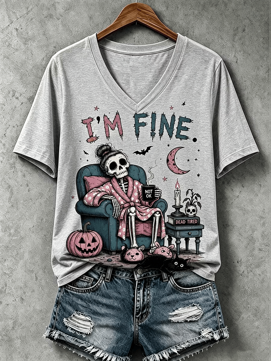 Women's Halloween I'm Fine Print V Neck T-Shirt