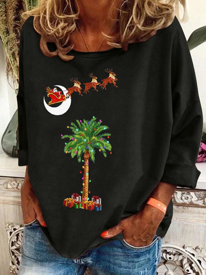 Retro Christmas South Carolina Santa Palm Tree Print Sweatshirt
