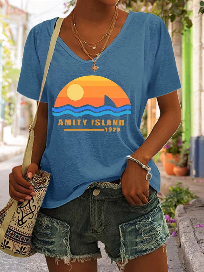 Women's Amity Island 1975 Print V Neck Casual T-Shirt