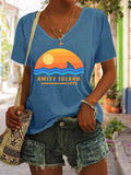 Women's Amity Island 1975 Print V Neck Casual T-Shirt