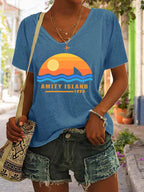 Women's Amity Island 1975 Print V Neck Casual T-Shirt