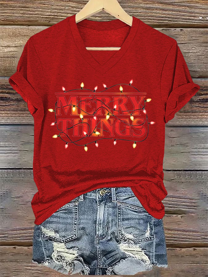 V-Neck Retro Merry Christmas Merry Things Print T-Shirt