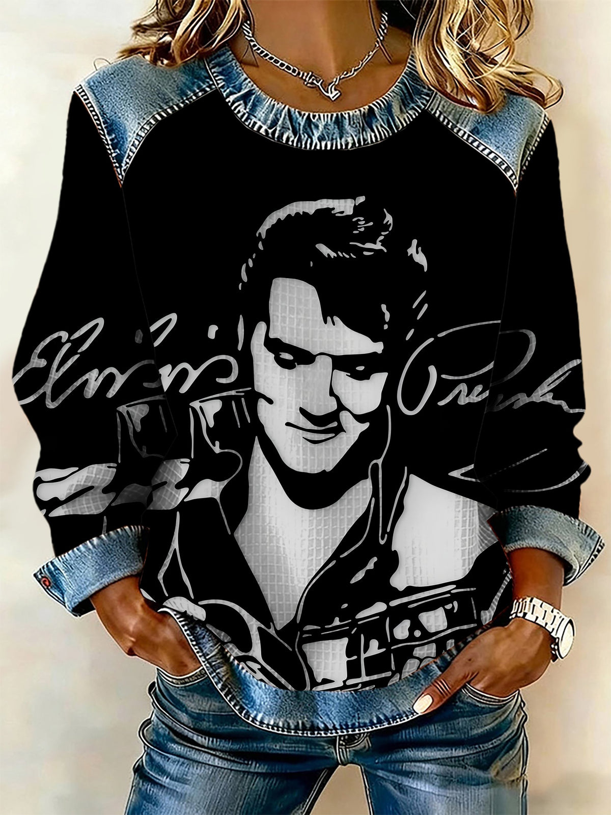 King of Rock and Roll Printed Patchwork Casual Sweatshirt