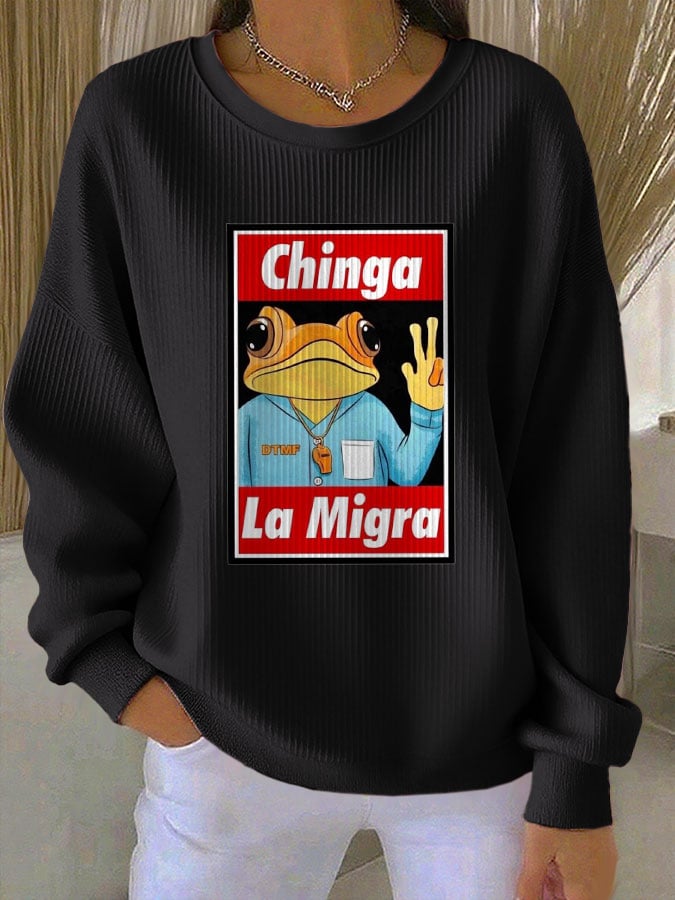 Women's Chinga La Migra Printed Knit Crew Neck Long-Sleeved Top