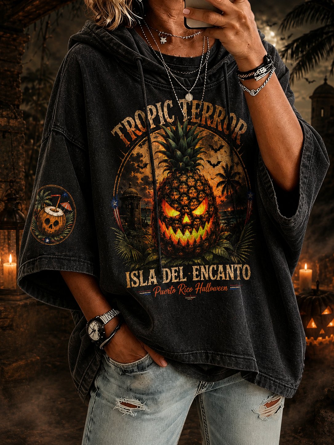 Women's Puerto Rico Halloween Art Printed Hoodie