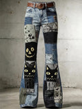 Women's Halloween Pumpkin Patchwork Cat Art Pattern Comfortable Cotton Linen Wide-Leg Pants
