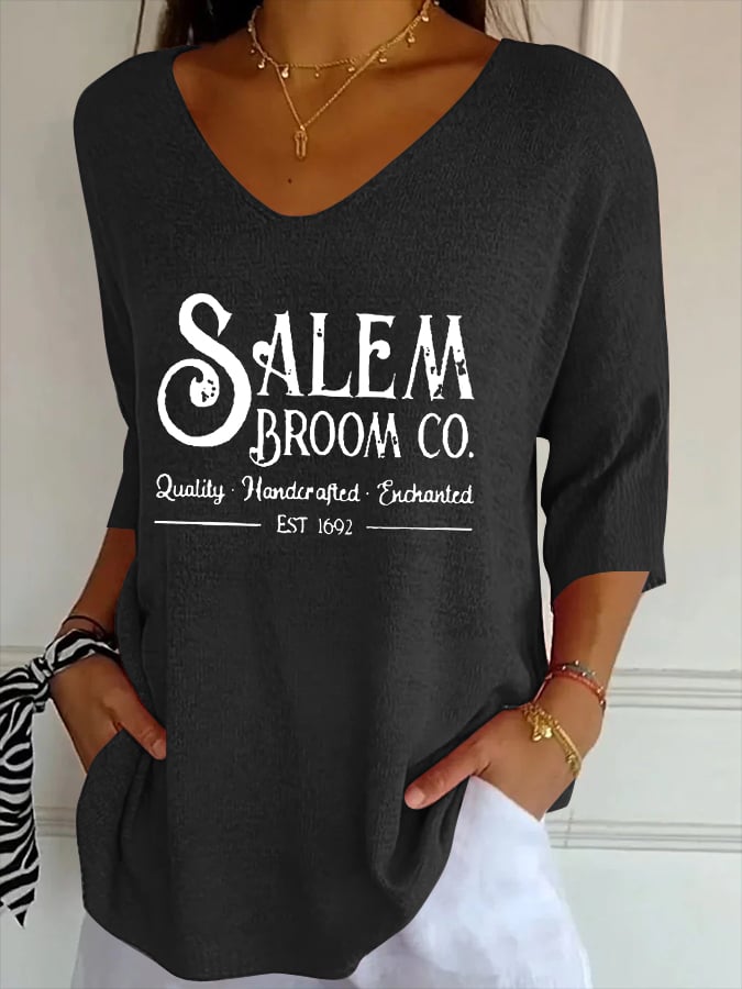 Women's Salem Broom Co Quality Handcrafted Enchanted Est 1692 Print Casual T-Shirt