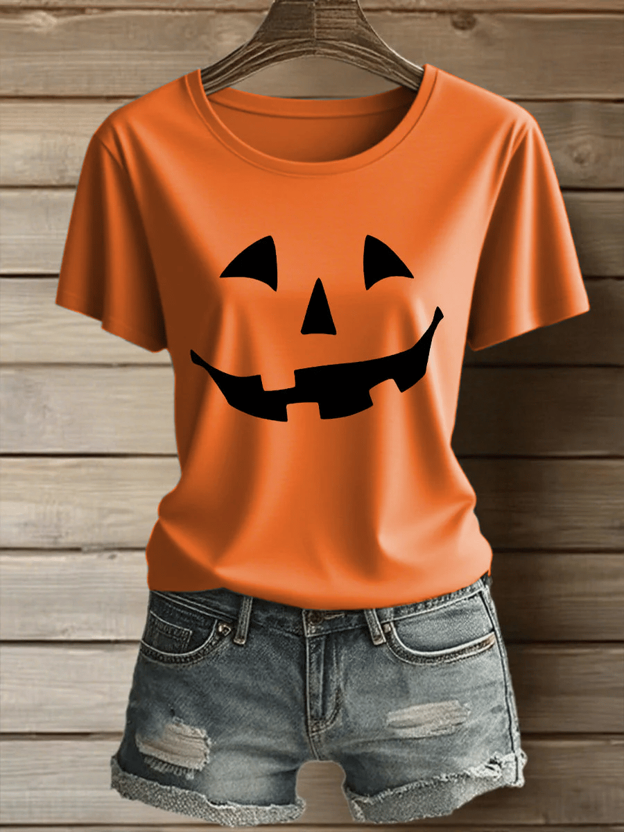 Women's Retro Pumpkin Face Printed T-Shirt