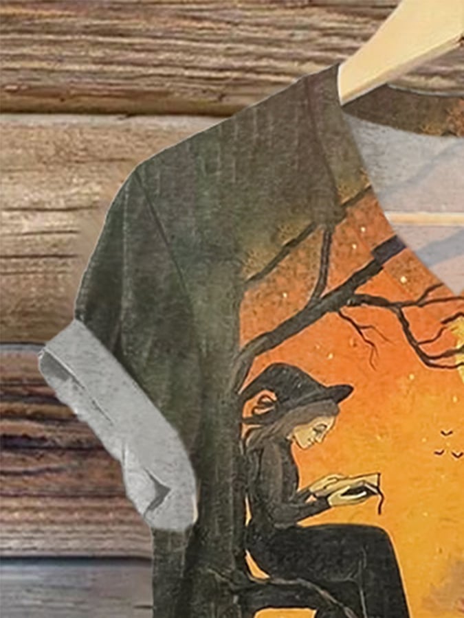 Women's Halloween Autumn Witch Print Casual T-Shirt