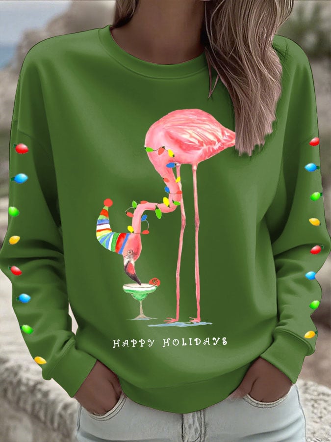 Women's Christmas Flamingo Light String Print Sweatshirt