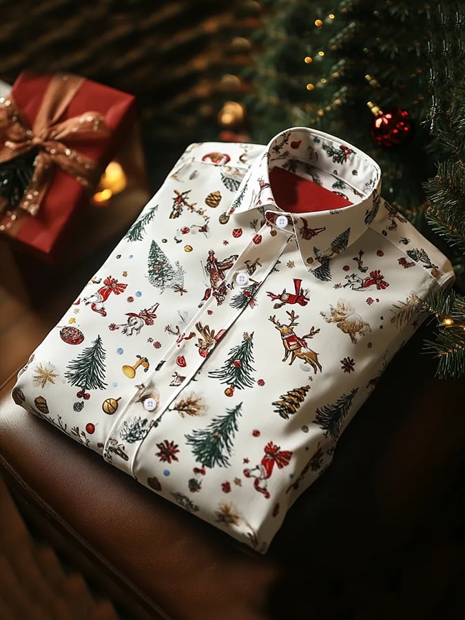 Men's Luxury Christmas Contrast Color Print Long Sleeve Shirt
