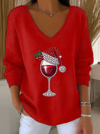 Women's Wine Glass With Santa Hat Print V Neck Sweater