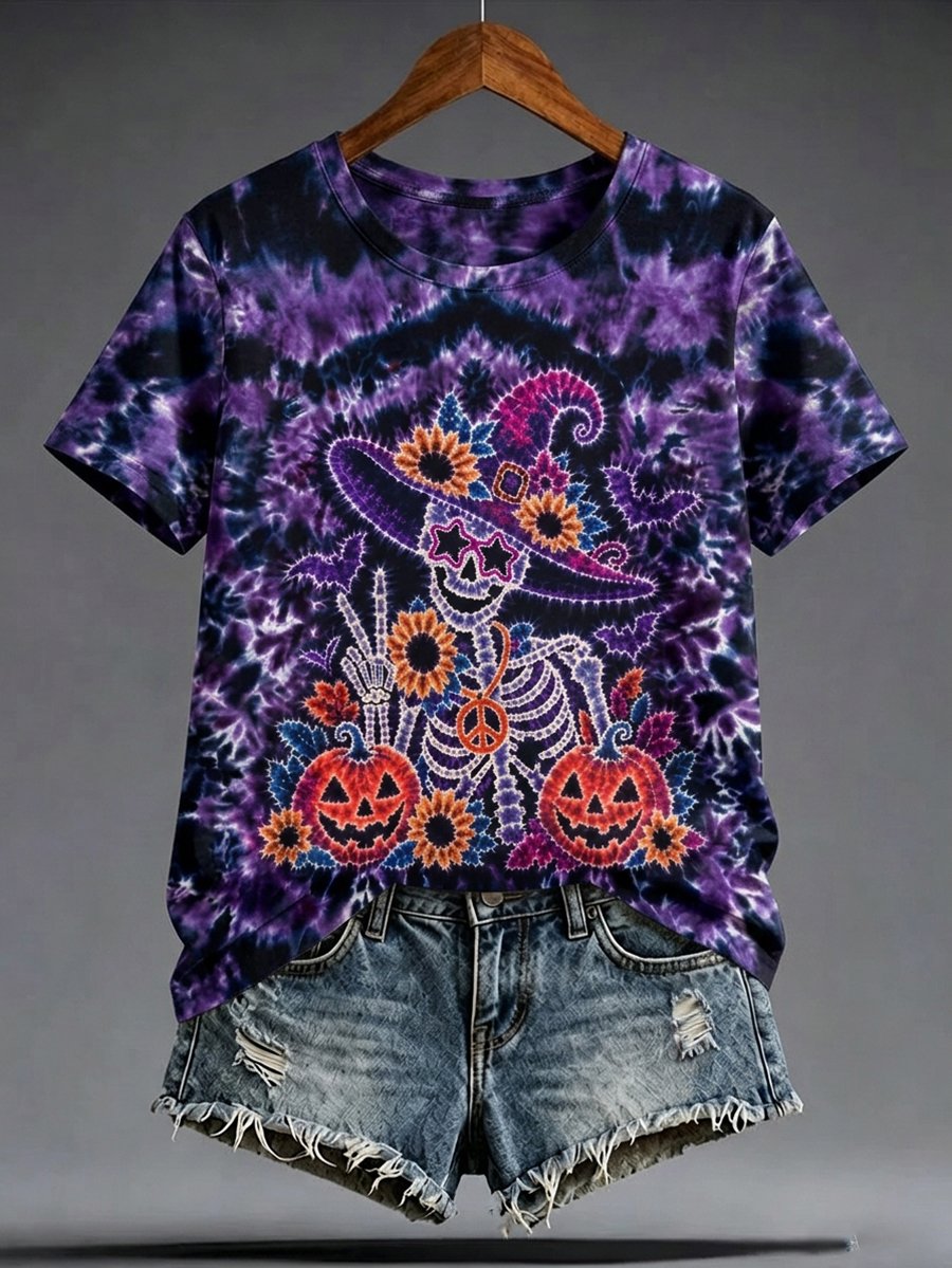 Women's Halloween Tie-Dye Print Short-Sleeve Top