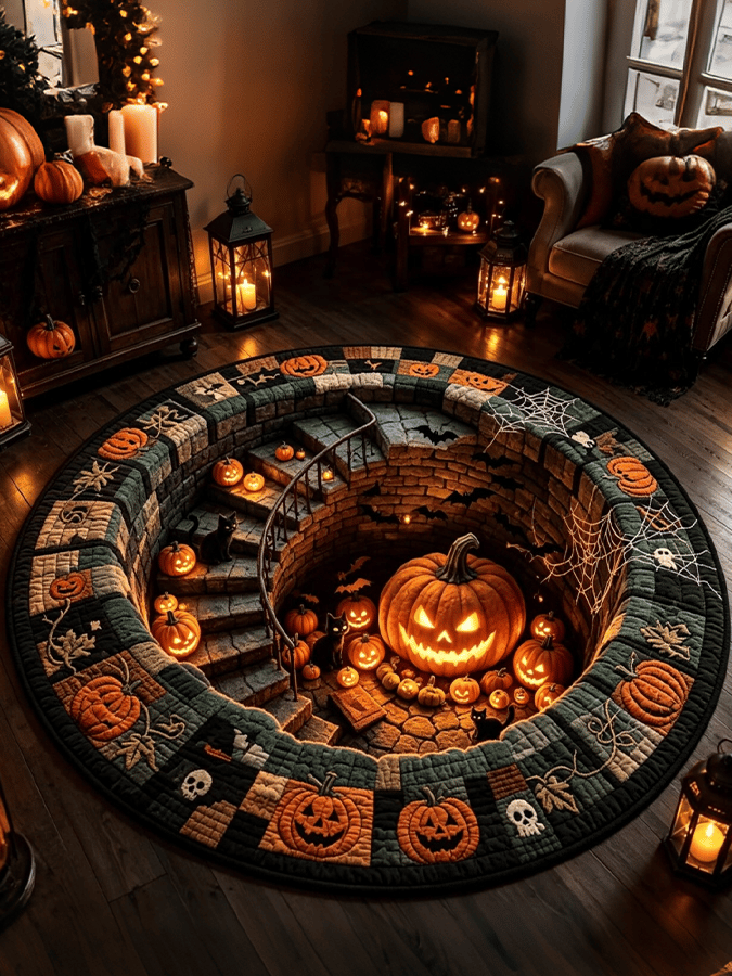 Halloween 3d Visual Trap Living Room Rug Home Bedroom Anti-Slip Skin-Friendly Bedside Rug Easy-Care Floor Mat