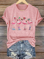 Women's Christmas Flamingo Printed Crew Neck T-Shirt