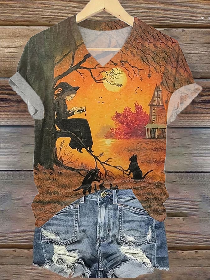 Women's Halloween Autumn Witch Print Casual T-Shirt