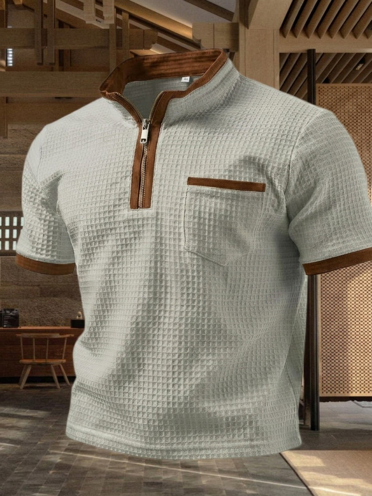 Men's Retro Waffle-Knit Colorblock Half-Zip Polo Shirt