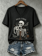 Women's Halloween Dead Tired Print V Neck T-Shirt