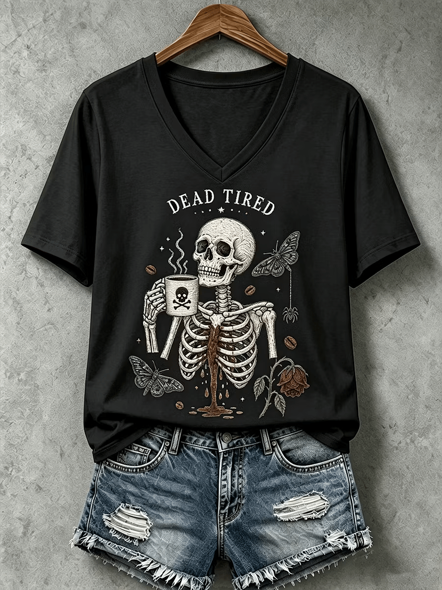 Women's Halloween Dead Tired Print V Neck T-Shirt