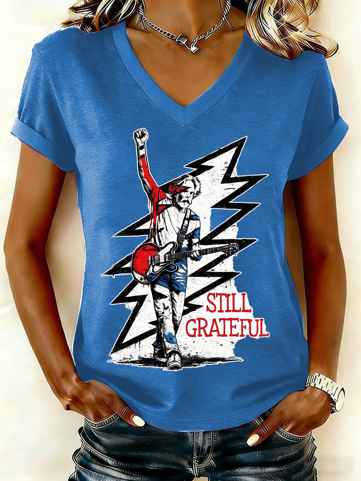 Women's Still Grateful Print V Neck T-shirt