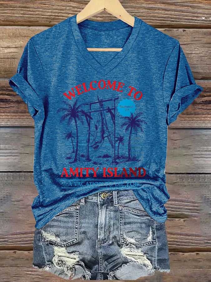 Women's Welcome To Amity Island A Vacation To Die For Print V Neck T-shirt
