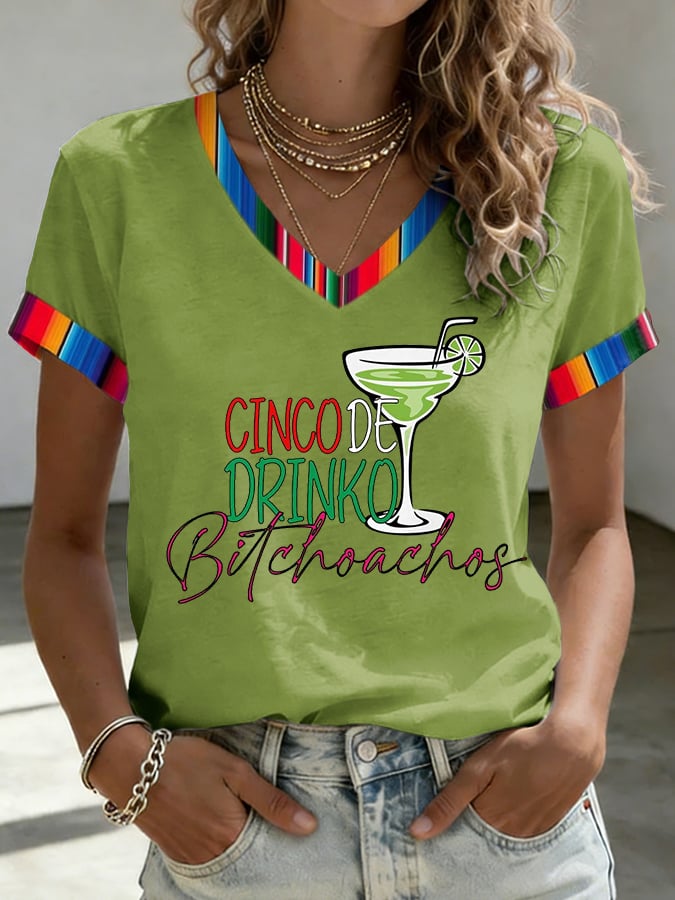 Women's Cinco De Drinko Bitchachos Print V Neck T-shirt
