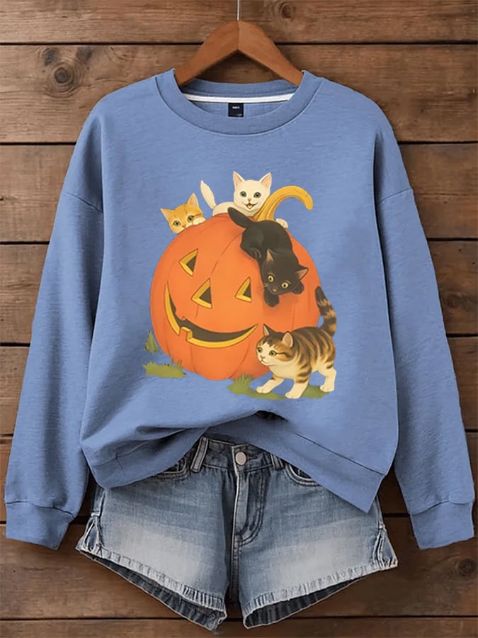 Women's Halloween Pumpkin and Cute Cat Print Sweatshirt