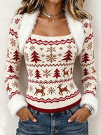 Women'S Frayed Edge Patchwork Ribbed Print Top