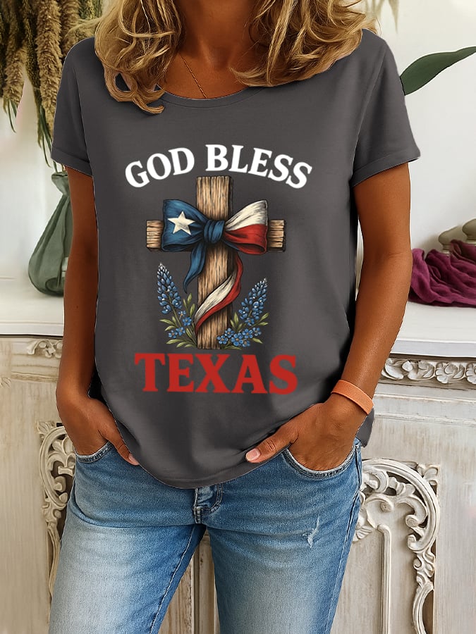 Women's Retro God Bless Texas Cross Print T-Shirt