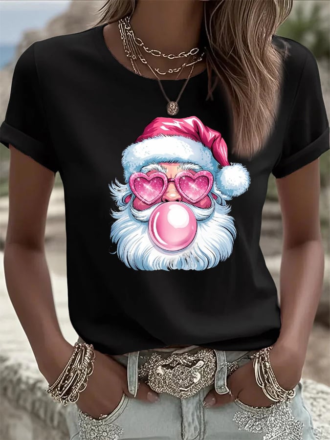 Women's Retro Christmas Santa Print Casual T-Shirt