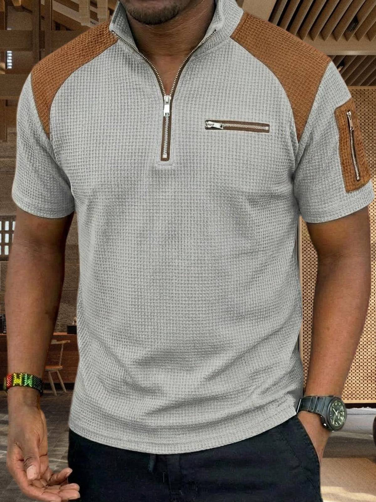 Men's Retro Waffle-Knit Colorblock Half-Zip Polo Shirt