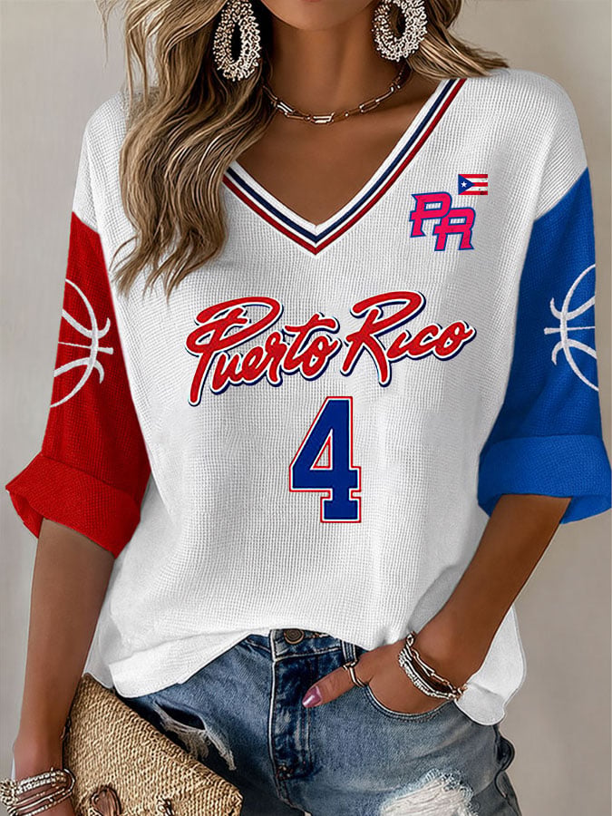 Women's Puerto Rico Basketball Print Waffle-Knit Top