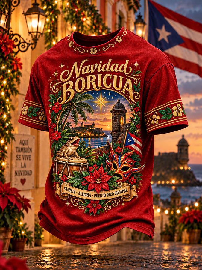 Men's Puerto Rico Christmas Print Round Neck T-shirt