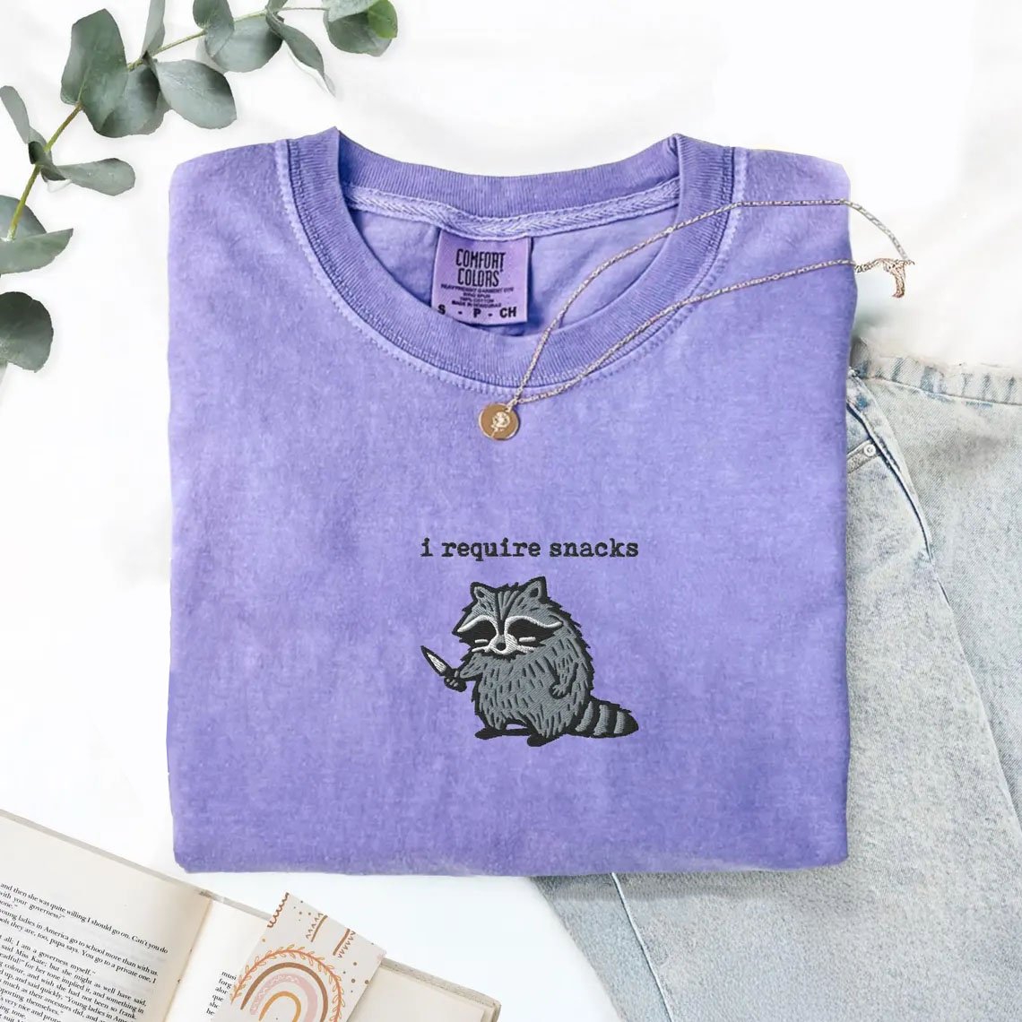 I Require Snacks Embroidered Raccoon T-shirt