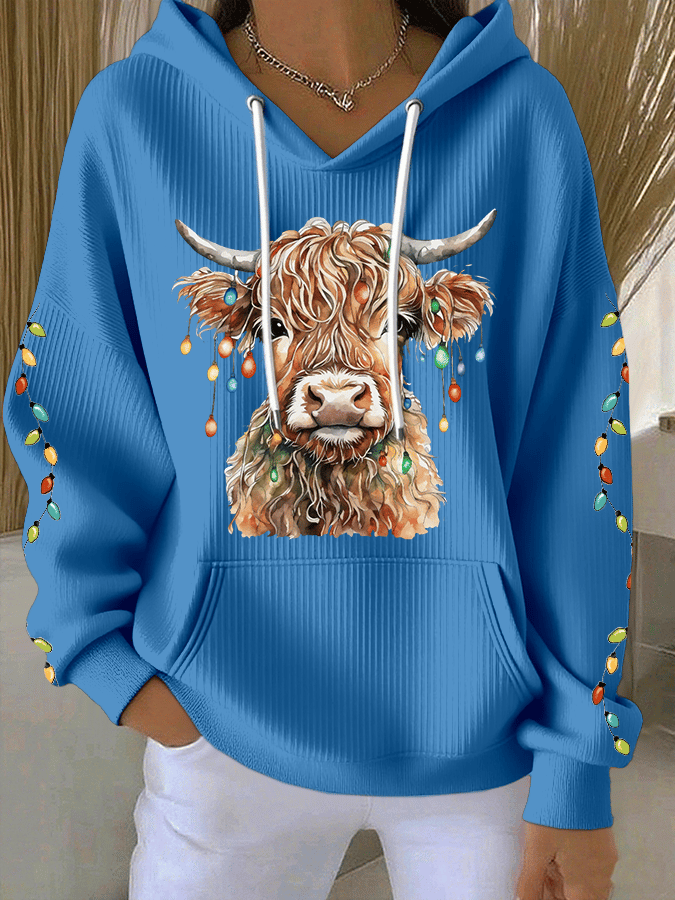 Women's Christmas Highland Cow Print Casual Hooded Sweatshirt
