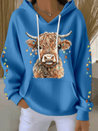 Women's Christmas Highland Cow Print Casual Hooded Sweatshirt