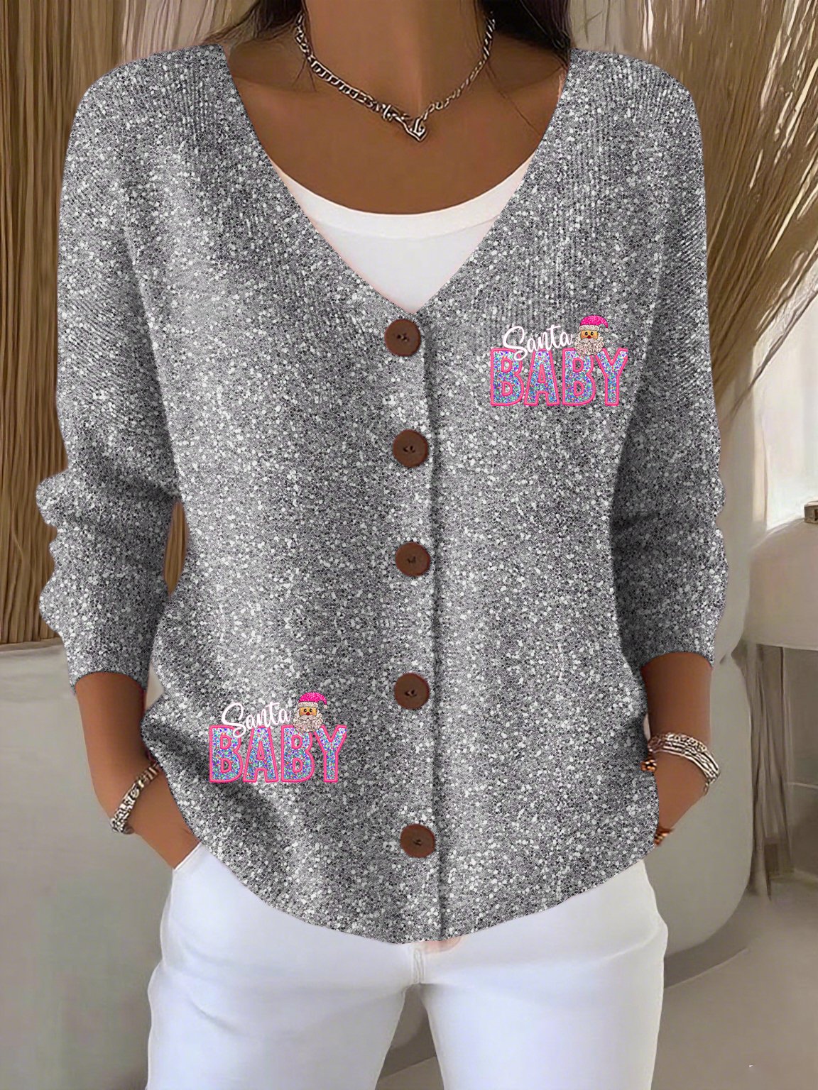 Women's Christmas Santa Baby Print Cardigan