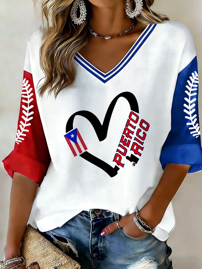 Women's Casual Baseball Printed Waffle Top