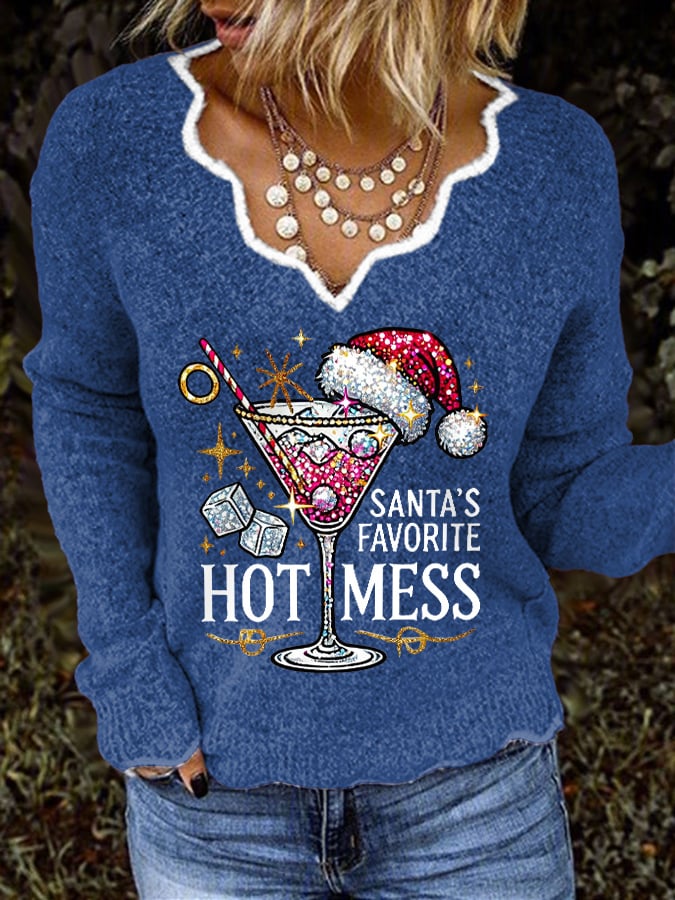 Women's Christmas Santa's Favorite Hot Mess Print Top