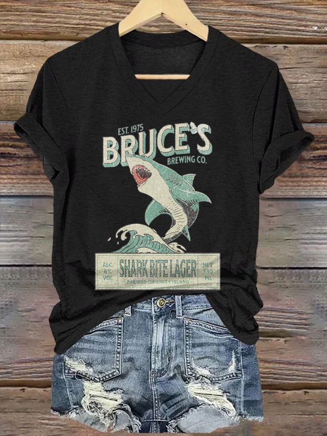 Women's Bruce's Brewing Co. Shark Bite Lager Print V Neck T-shirt