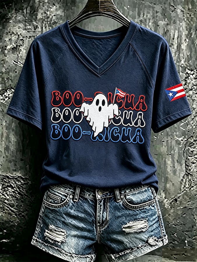 Women's Casual Boricua Halloween Printed Short-Sleeve T-Shirt