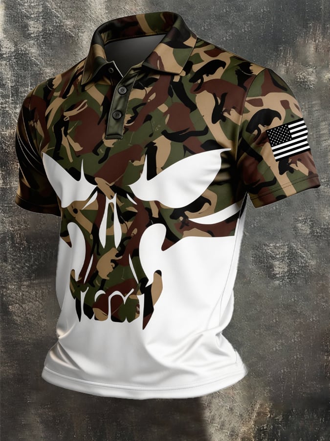 Men's Retro Patriotic Color-Block Short-Sleeve Polo Shirt