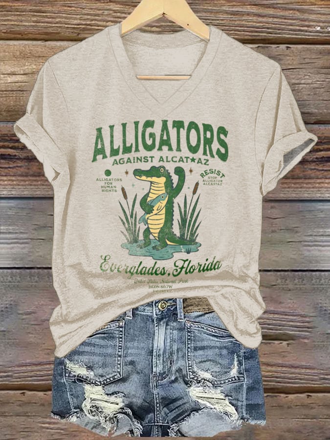 Women's Fashion Casual Retro Crocodile Island Resistance Fdt Print T-Shirt