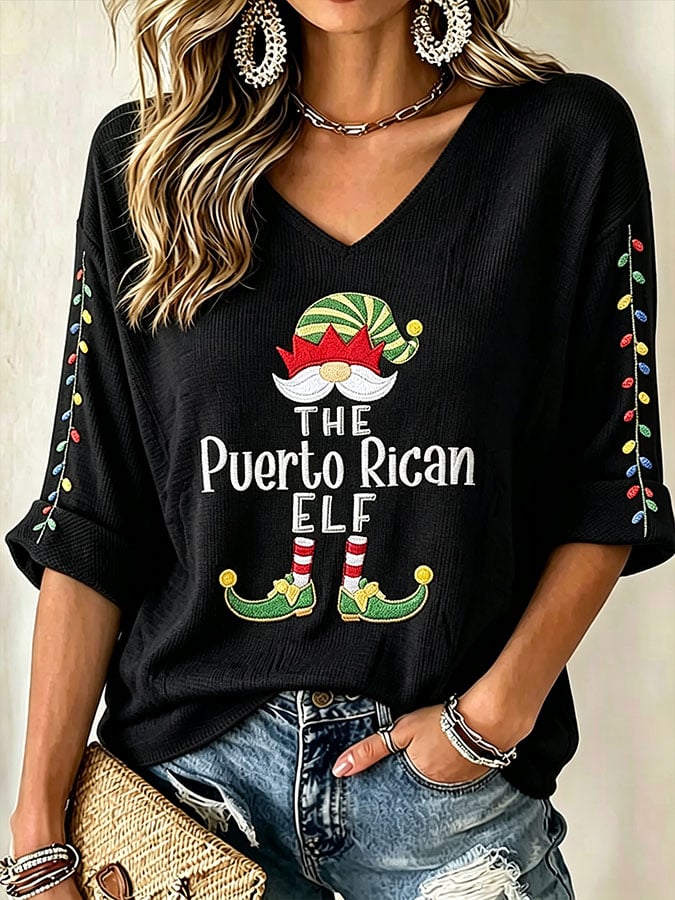 Women's Casual Puerto Rico Christmas Printed Waffle Top
