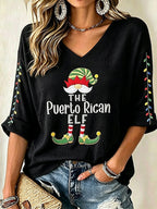 Women's Casual Puerto Rico Christmas Printed Waffle Top