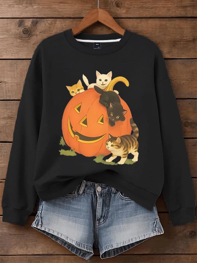 Women's Halloween Pumpkin and Cute Cat Print Sweatshirt