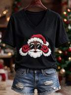 Black Women'S Christmas-Themed Printed Casual T-Shirt