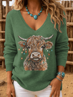 Women's Christmas Highland Cow Print Crew Neck Long Sleeve Top